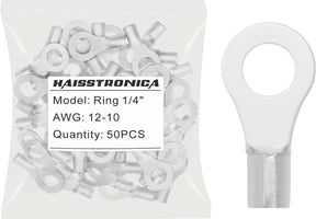 haisstronica 50pcs 1/4" Ring Terminals,AWG 12-10 Brazed Seam Non-Insulated Copper Wire Connectors