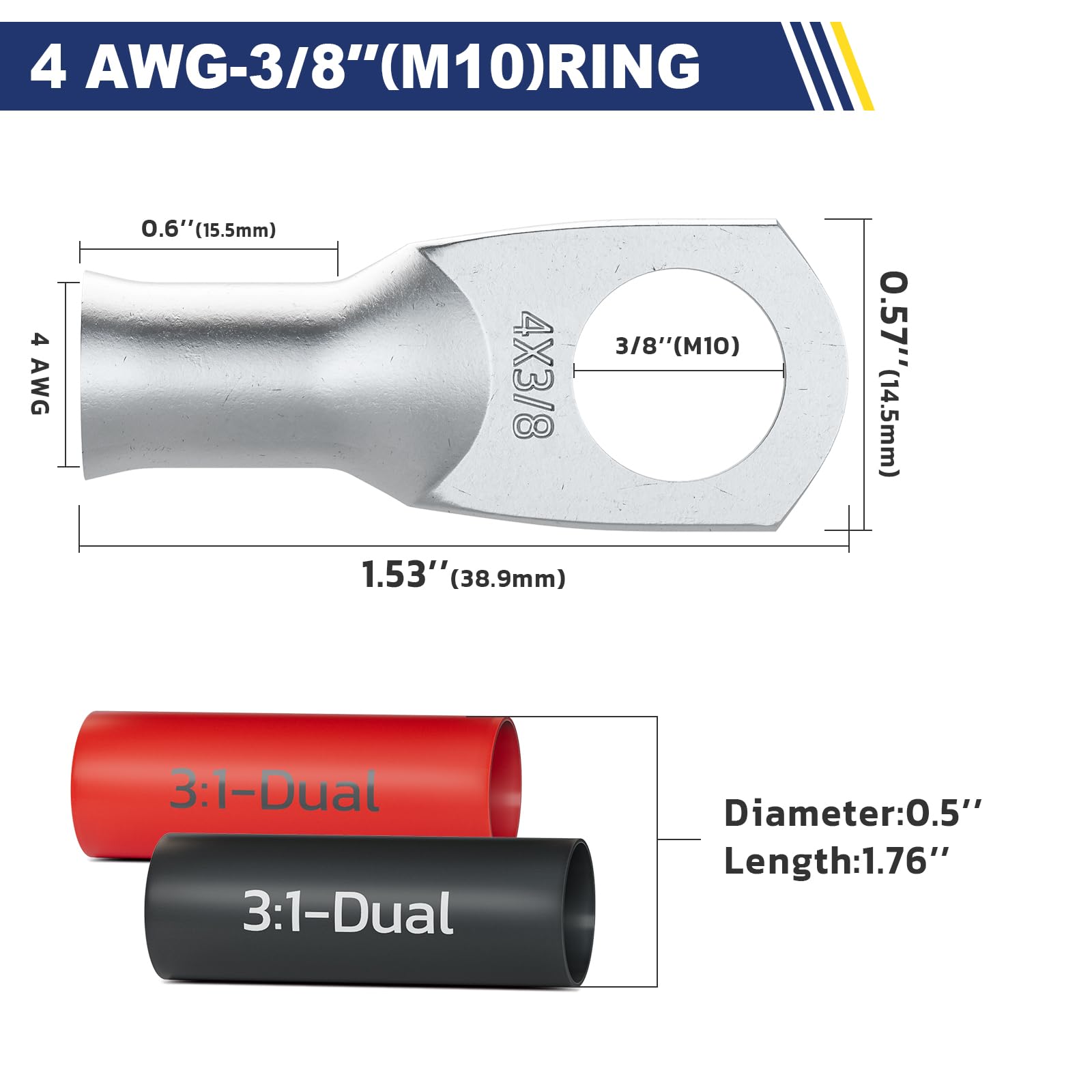 Haisstronica Lot de 10 cosses de câble de batterie 1/4" (M6) AWG, cosses en fil de cuivre robustes avec 10 gaines thermorétractables adhésives 3:1, cosses de fil de calibre 1/4, connecteur de borne de batterie, embouts de câble de batterie