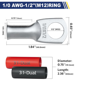 haisstronica 10pcs 1/0 AWG - 1/2" (M12) Tinned Copper Battery Lugs, Heavy Duty Copper Wire Lugs with 10pcs 3:1 Adhesive Heat Shrink Tubing, 1/0 Gauge Wire Lugs, Tinned Copper Battery Cable Ends