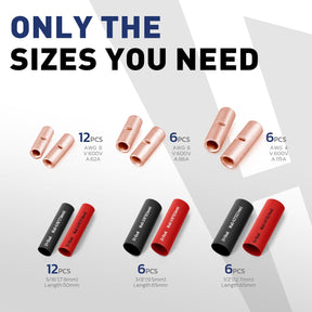 Uninsulated connectors with red and black heat shrink sleeves, showing sizes for automotive battery and starter wiring