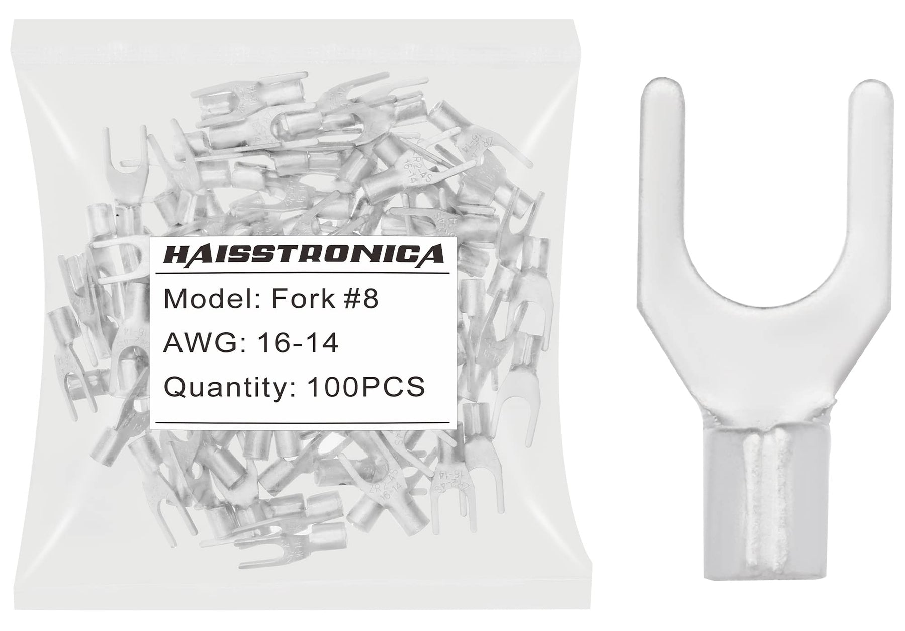 haisstronica 100pcs #8 Fork Terminals,AWG 16-14 Brazed Seam Non-Insulated Copper Wire Connectors