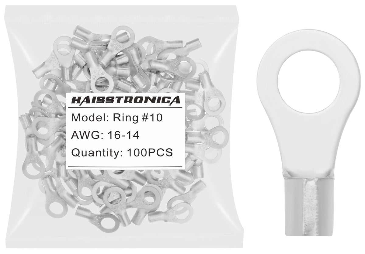 Haisstronica Lot de 100 cosses à anneau n° 10, AWG 16-14, connecteurs de fils en cuivre non isolés à soudure brasée