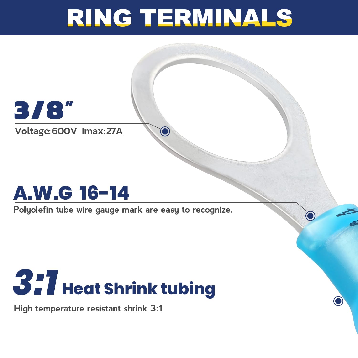 haisstronica 200pcs 3/8" Blue Marine Grade Heat Shrink Ring Connectors,16-14 Gauge Tinned Red Copper 0.7mm Ring Terminals Connectors,Brazed-Seam Insulated Electrical Crimp Wire Terminals