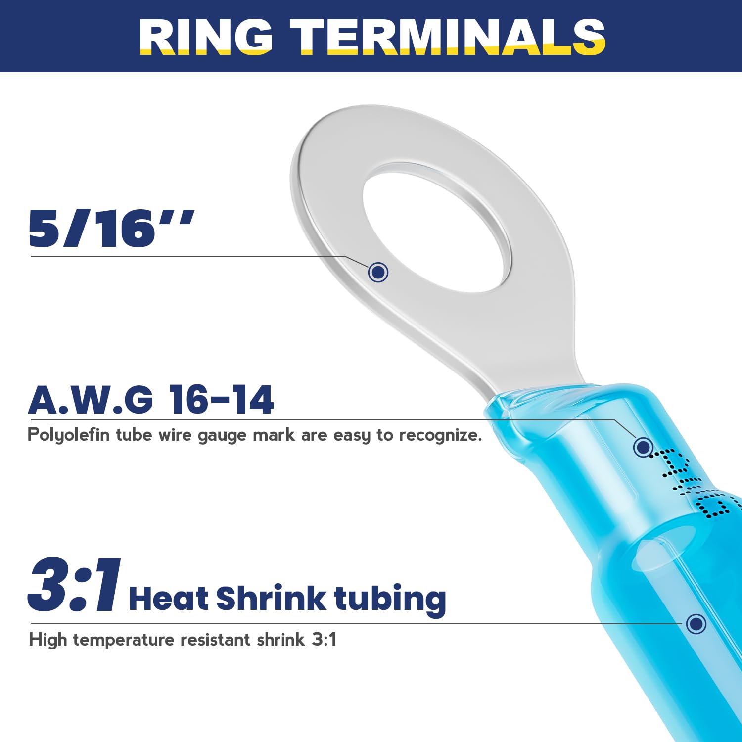 haisstronica 200PCS Heat Shrink Ring Terminals 5/16" Marine Grade Wire Connectors Blue AWG 16-14 Gauge, Tinned Red Copper 0.7mm Resistant Ring Connectors, Brazed-Seam Insulated Electrical Crimp