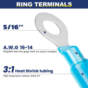 haisstronica 200PCS Heat Shrink Ring Terminals 5/16" Marine Grade Wire Connectors Blue AWG 16-14 Gauge, Tinned Red Copper 0.7mm Resistant Ring Connectors, Brazed-Seam Insulated Electrical Crimp