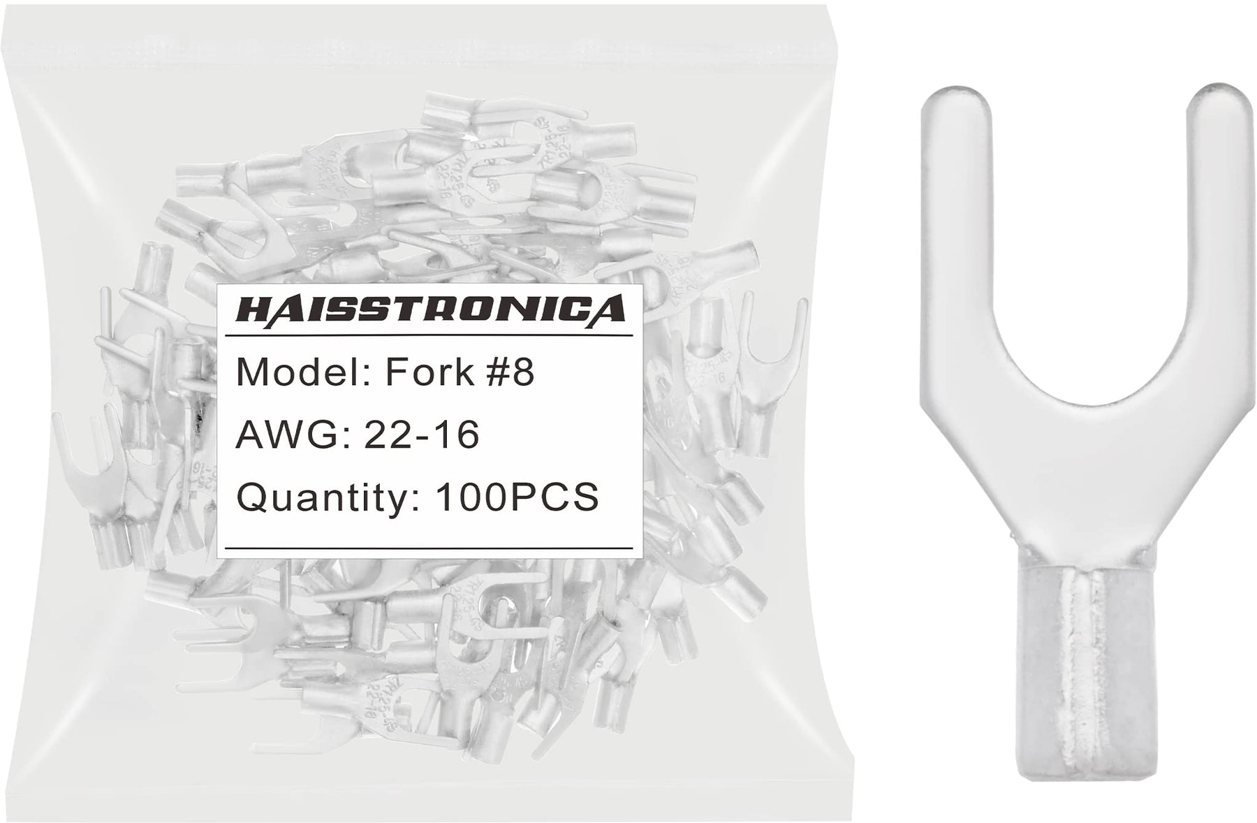 Haisstronica 100 cosses à fourche n° 8, AWG 22-16, connecteurs de fils en cuivre non isolés à soudure brasée