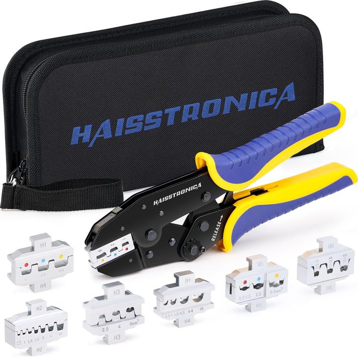 Kit de sertissage 6 en 1 Haisstronica, outil de sertissage à cliquet professionnel avec 6 matrices interchangeables pour connecteurs thermorétractables, non isolés, virole, corps ouvert, isolés, cadeaux pour hommes