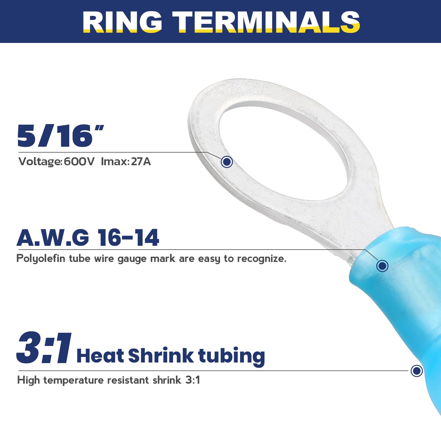 haisstronica 200pcs 5/16" Blue Marine Grade Heat Shrink Ring Connectors,16-14 Gauge Tinned Red Copper 0.7mm Ring Terminals Connectors,Brazed-Seam Insulated Electrical Crimp Wire Terminals