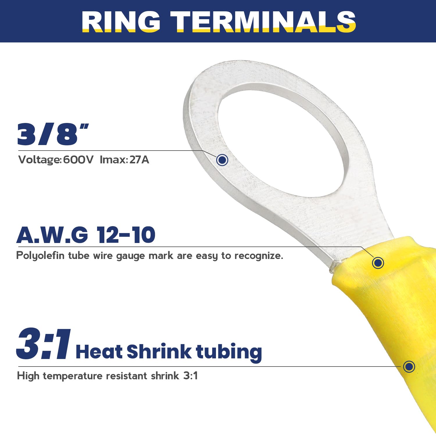 haisstronica 100pcs 3/8" Yellow Marine Grade Heat Shrink Ring Connectors,12-10 Gauge Tinned Red Copper 1mm Ring Terminals Connectors,Brazed-Seam Insulated Electrical Crimp Wire Terminals