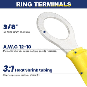 haisstronica 100pcs 3/8" Yellow Marine Grade Heat Shrink Ring Connectors,12-10 Gauge Tinned Red Copper 1mm Ring Terminals Connectors,Brazed-Seam Insulated Electrical Crimp Wire Terminals