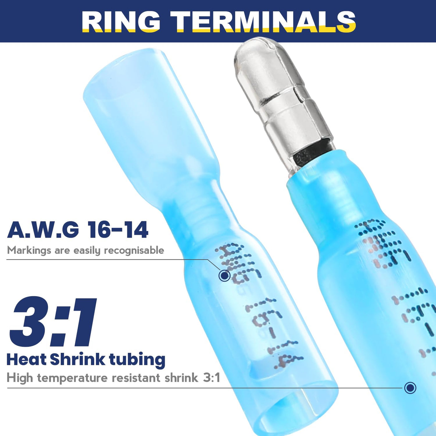 Blue wire bullet connector with heat shrink and 16-14 AWG marking; sealed crimp ensures durable marine wiring.