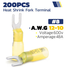 Yellow electrical fork heat shrink terminal, 200PCS #8 AWG 12-10 connectors rated 600V 48A for marine, auto DIY wiring