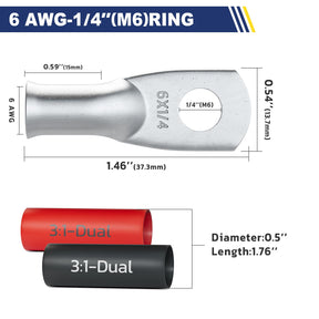 Haisstronica Lot de 10 cosses de batterie en cuivre étamé 6 AWG (M6), robustes, avec 10 gaines thermorétractables adhésives 3:1, calibre 6, extrémités de câble de batterie en cuivre étamé.