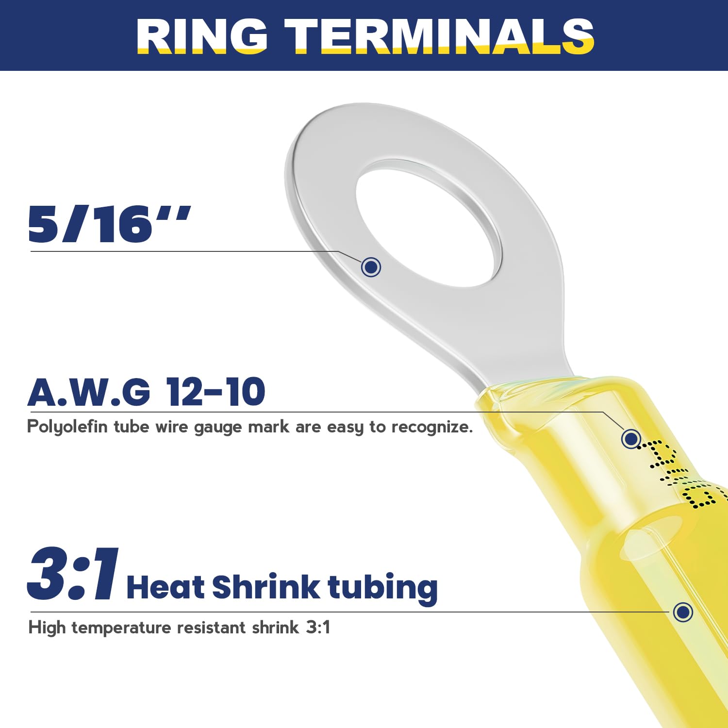 haisstronica 80PCS Heat Shrink Ring Terminals 5/16" Marine Grade Wire Connectors Yellow AWG 12-10 Gauge, Tinned Red Copper 1mm Resistant Ring Connectors, Brazed-Seam Insulated Electrical Crimp