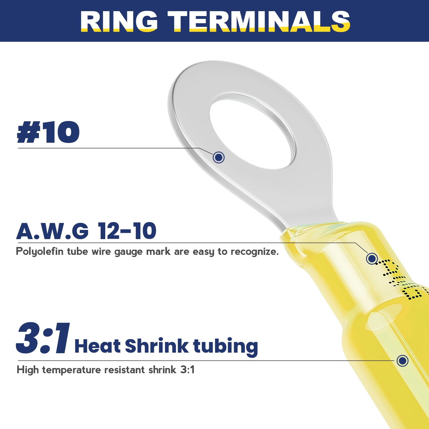 haisstronica 100PCS Heat Shrink Ring Terminals #10 Marine Grade Wire Connectors Yellow AWG 12-10 Gauge, Tinned Red Copper 1mm Resistant Ring Connectors, Brazed-Seam Insulated Electrical Crimp