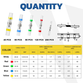 Reference table of color coded solder seal connectors listing AWG ranges and counts for each matching solder stick