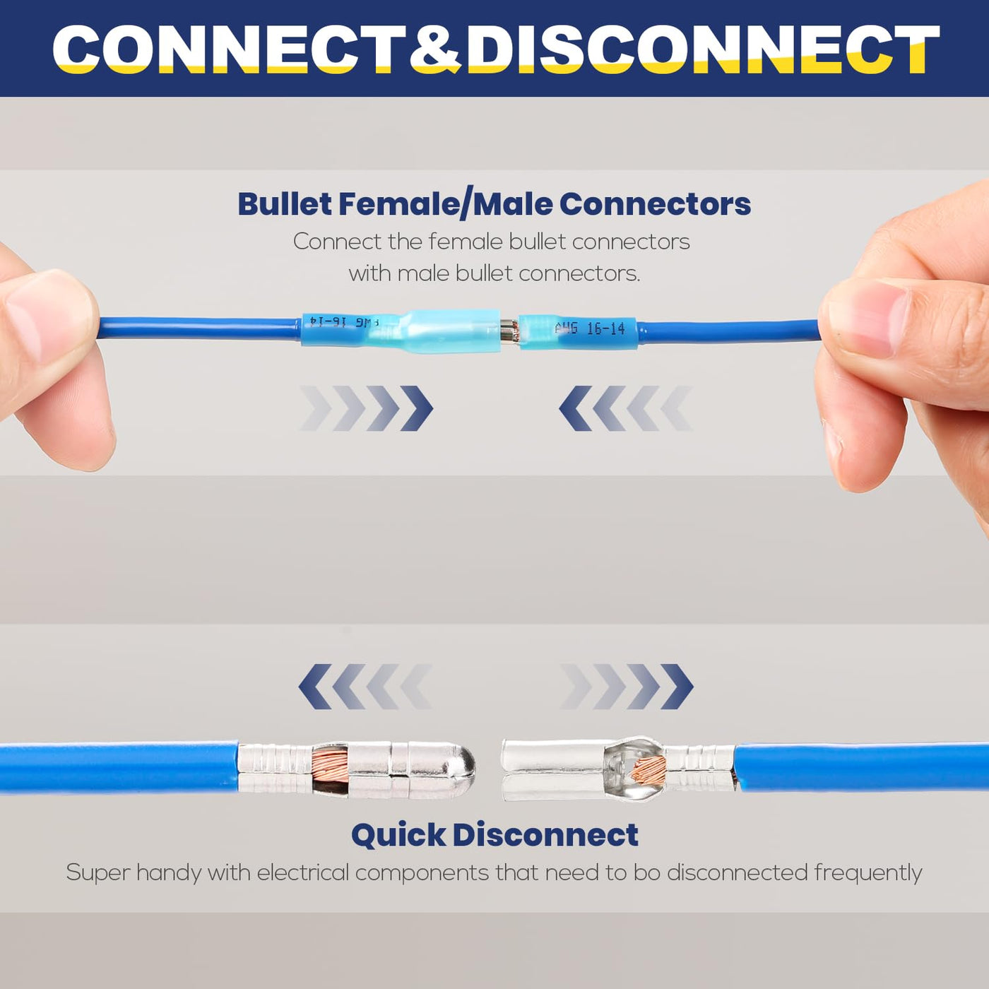 Hands using bullet wire connectors on blue cables; disconnect male and female heat shrink terminals for secure repairs.