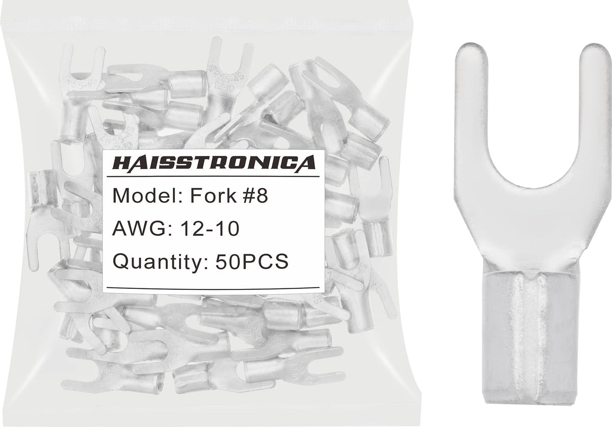 haisstronica 50pcs #8 Fork Terminals,AWG 12-10 Brazed Seam Non-Insulated Copper Wire Connectors