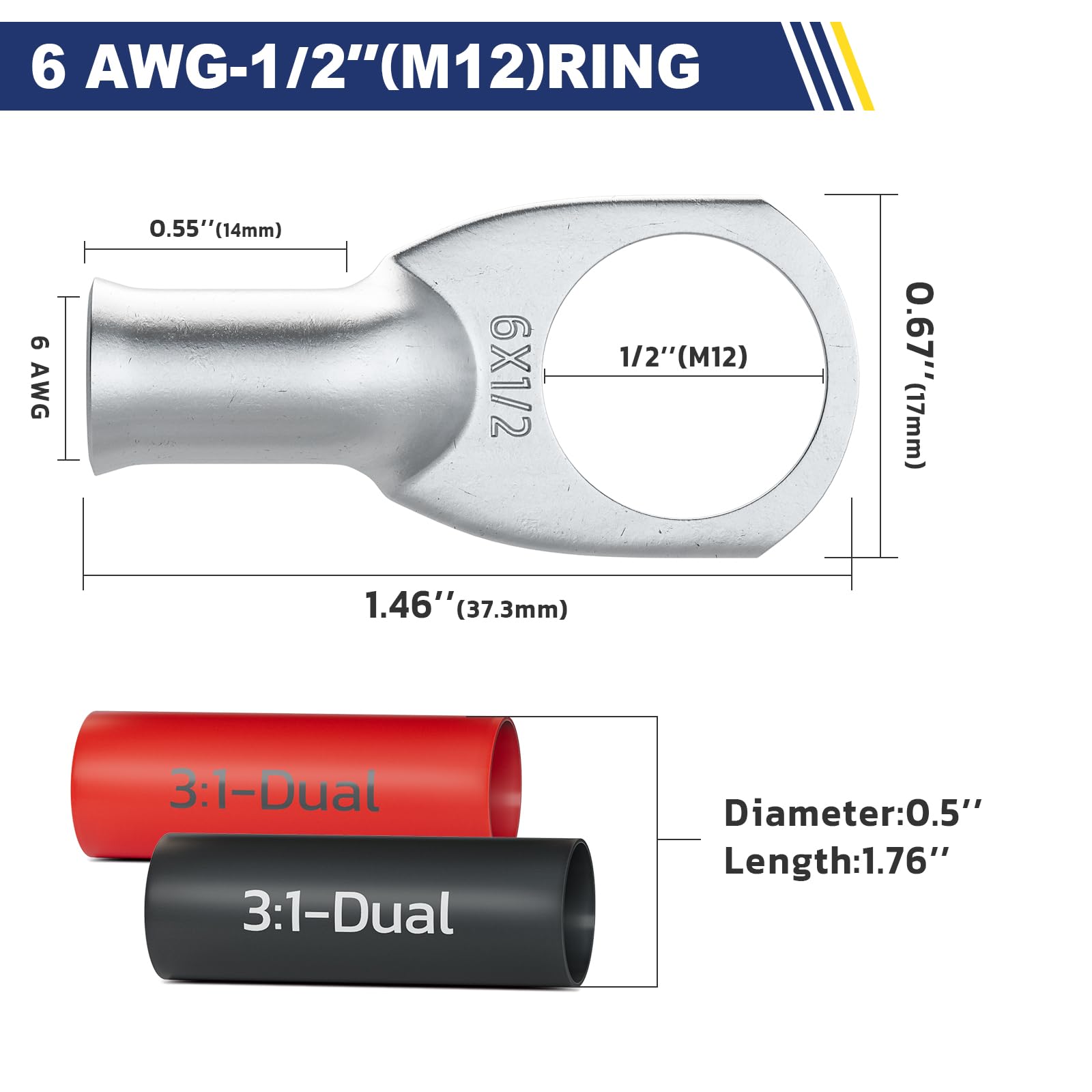 Haisstronica Lot de 10 cosses de batterie en cuivre étamé 6 AWG - 1/2" (M12), cosses robustes en fil de cuivre avec 10 gaines thermorétractables adhésives 3:1, cosses de calibre 6, extrémités de câble de batterie en cuivre étamé