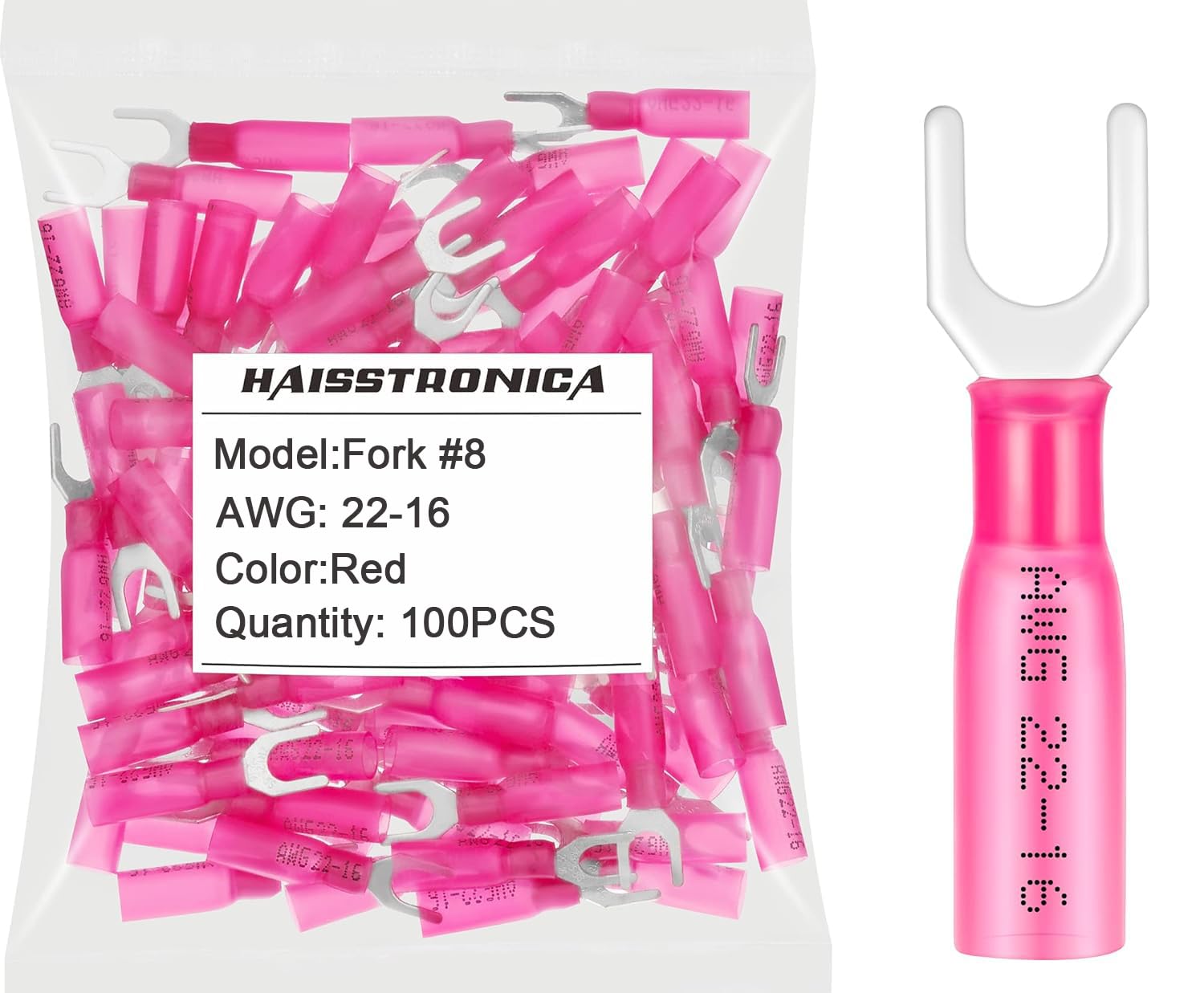 Haisstronica red fork terminals, 100PCS, AWG 22-16, insulated forked terminals for electrical wire connections.