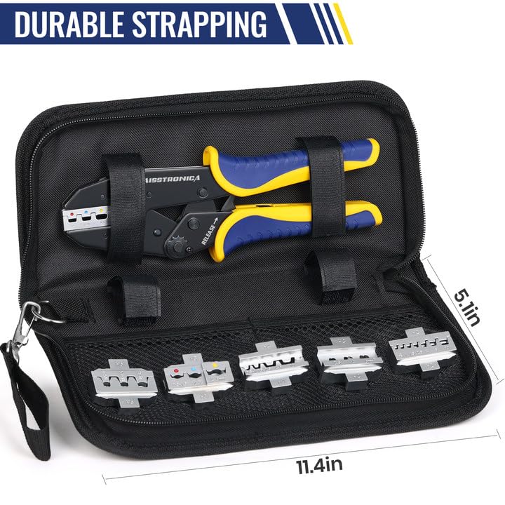 haisstronica 6 in 1 Crimping Tool Kit, Professional Ratchet Crimping Tool with 6 PCS Interchangeable Dies for Heat Shrink, Non-Insulated,Ferrule,Open Barrel,Insulated Connectors, Men Tool Gifts