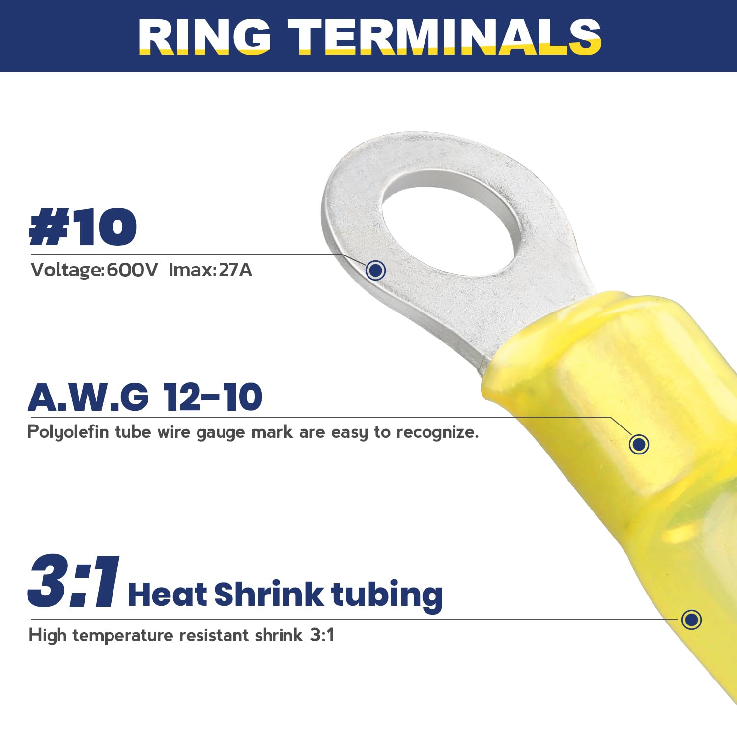 haisstronica 100pcs #10 Yellow Marine Grade Heat Shrink Ring Connectors,12-10 Gauge Tinned Red Copper 1mm Ring Terminals Connectors,Brazed-Seam Insulated Electrical Crimp Wire Terminals