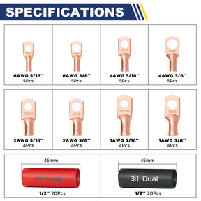 Haisstronica 76PCS Copper Wire Lugs with Heat Shrink Tube 3:1 Kit(AWG 6 4 2 1),Heavy Duty Battery Cable End,Bare Copper Crimp Connectors,Eyelets Tubular Ring Terminals