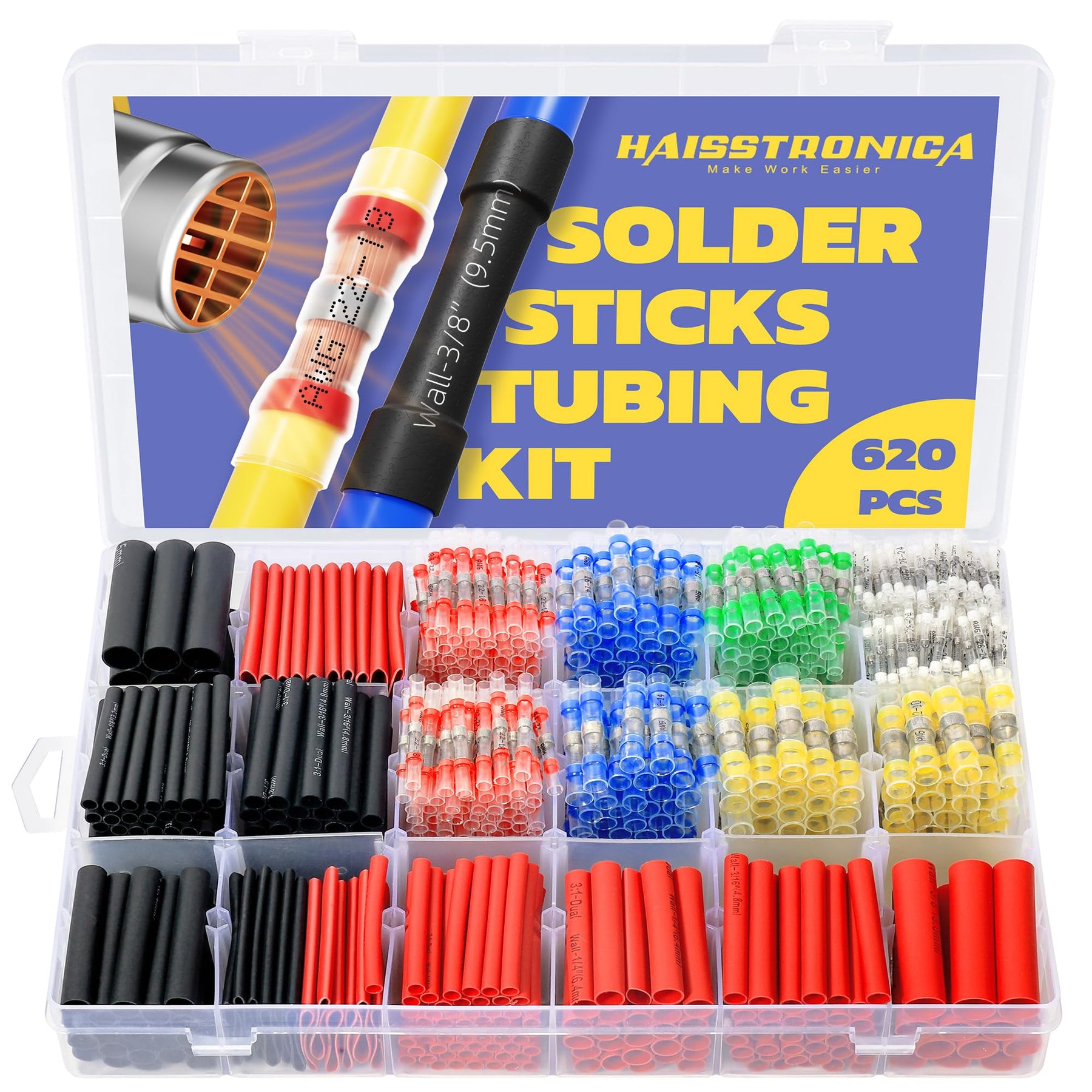 Haisstronica 620-pc solder shrink tubes kit: Comprehensive solution for electrical connections with heat-activated sealing.