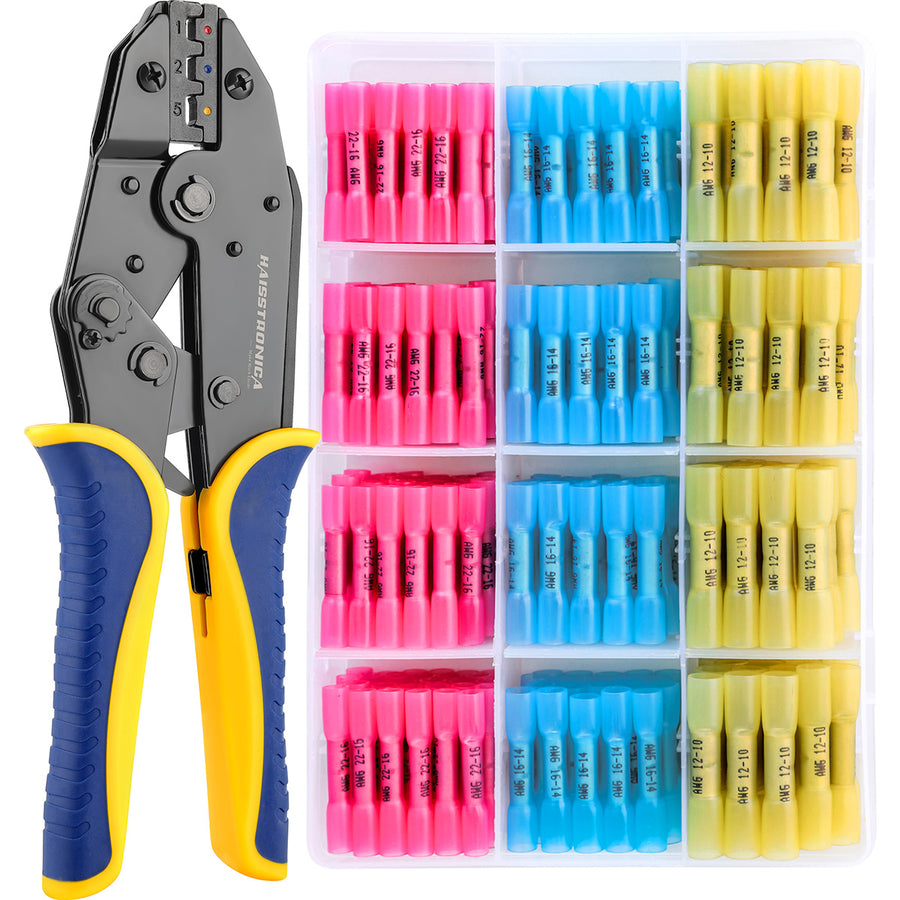 Haisstronica ratchet crimper with 200 heat shrink butt connectors for AWG 22-10