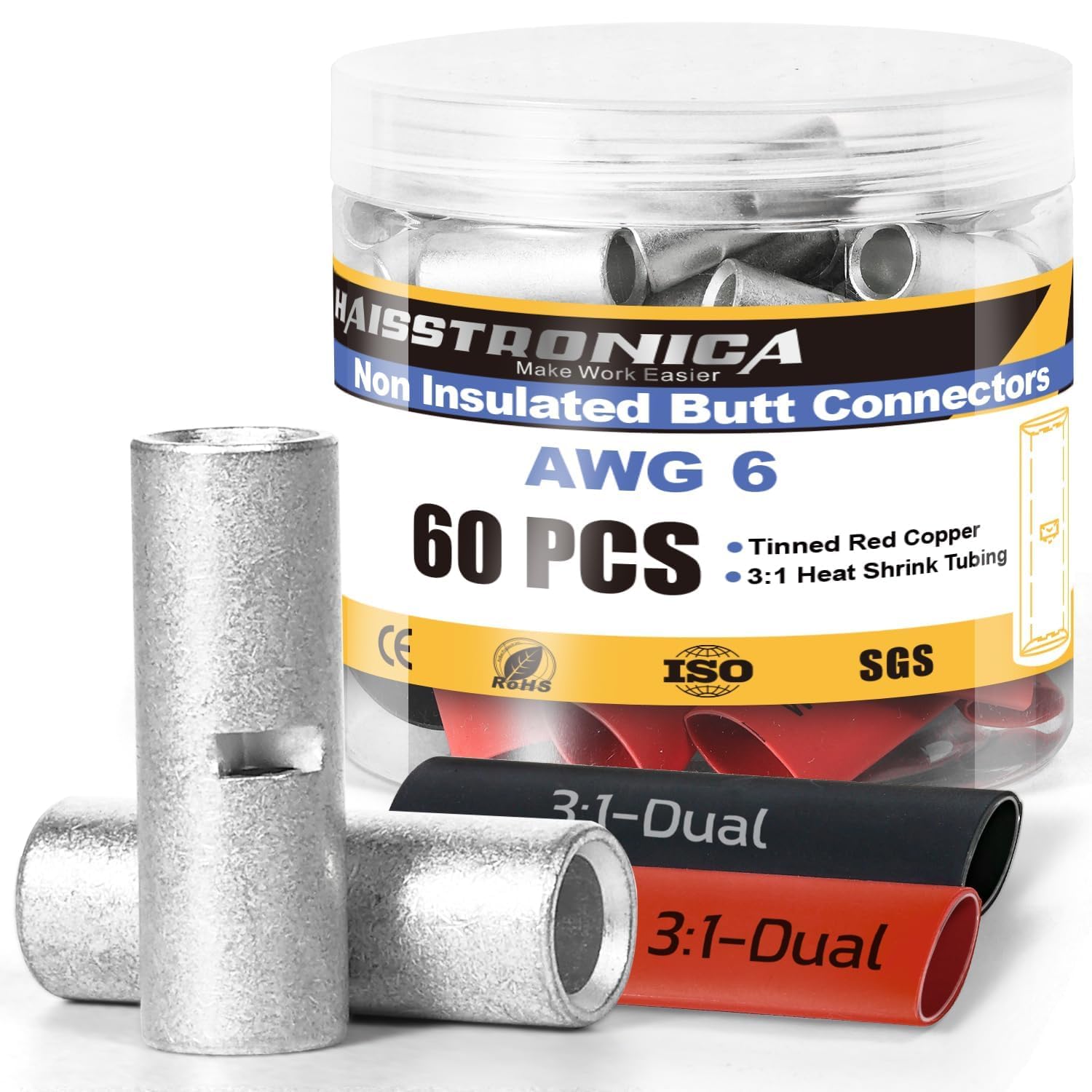 Haisstronica non insulated splice: 60pcs AWG6 connectors with tinned copper cores and 3:1 heat shrink tubing.