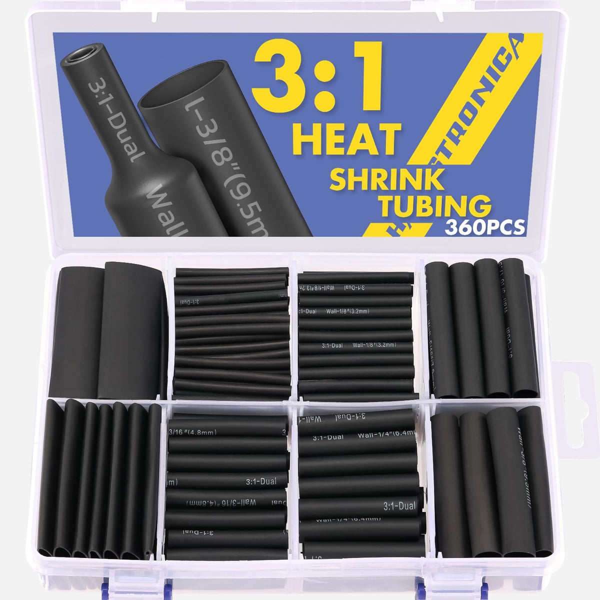 haisstronica 300PCS Heat Shrink Tubing,3:1 Ratio Marine Heat Shrink Tube Kit 6 Colors 3 Sizes Black, Red, Blue, Yellow,Green