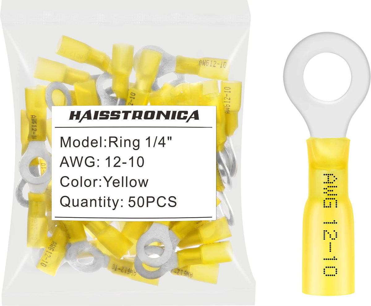 haisstronica 50pcs 1/4" Yellow Marine Grade Heat Shrink Ring Connectors,12-10 Gauge Tinned Red Copper 1mm Ring Terminals Connectors,Brazed-Seam Insulated Electrical Crimp Wire Terminals