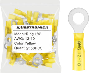 haisstronica 50pcs 1/4" Yellow Marine Grade Heat Shrink Ring Connectors,12-10 Gauge Tinned Red Copper 1mm Ring Terminals Connectors,Brazed-Seam Insulated Electrical Crimp Wire Terminals