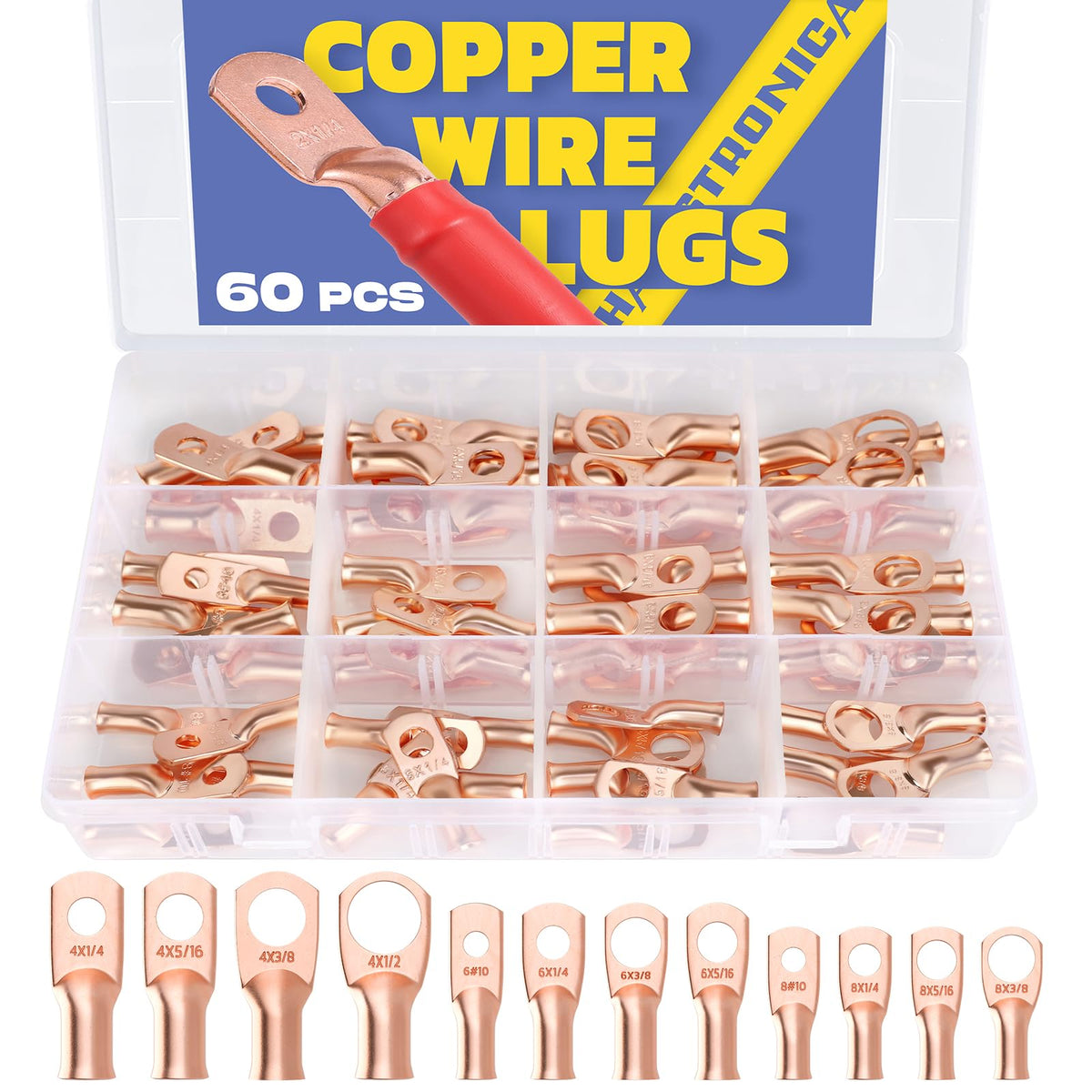 Haisstronica 60PCS Copper Wire Lugs Kit(AWG 8 6 4),Heavy Duty Battery Cable End,Bare Copper Crimp Connectors,Eyelets Tubular Ring Terminals(4Sizes/12Types)