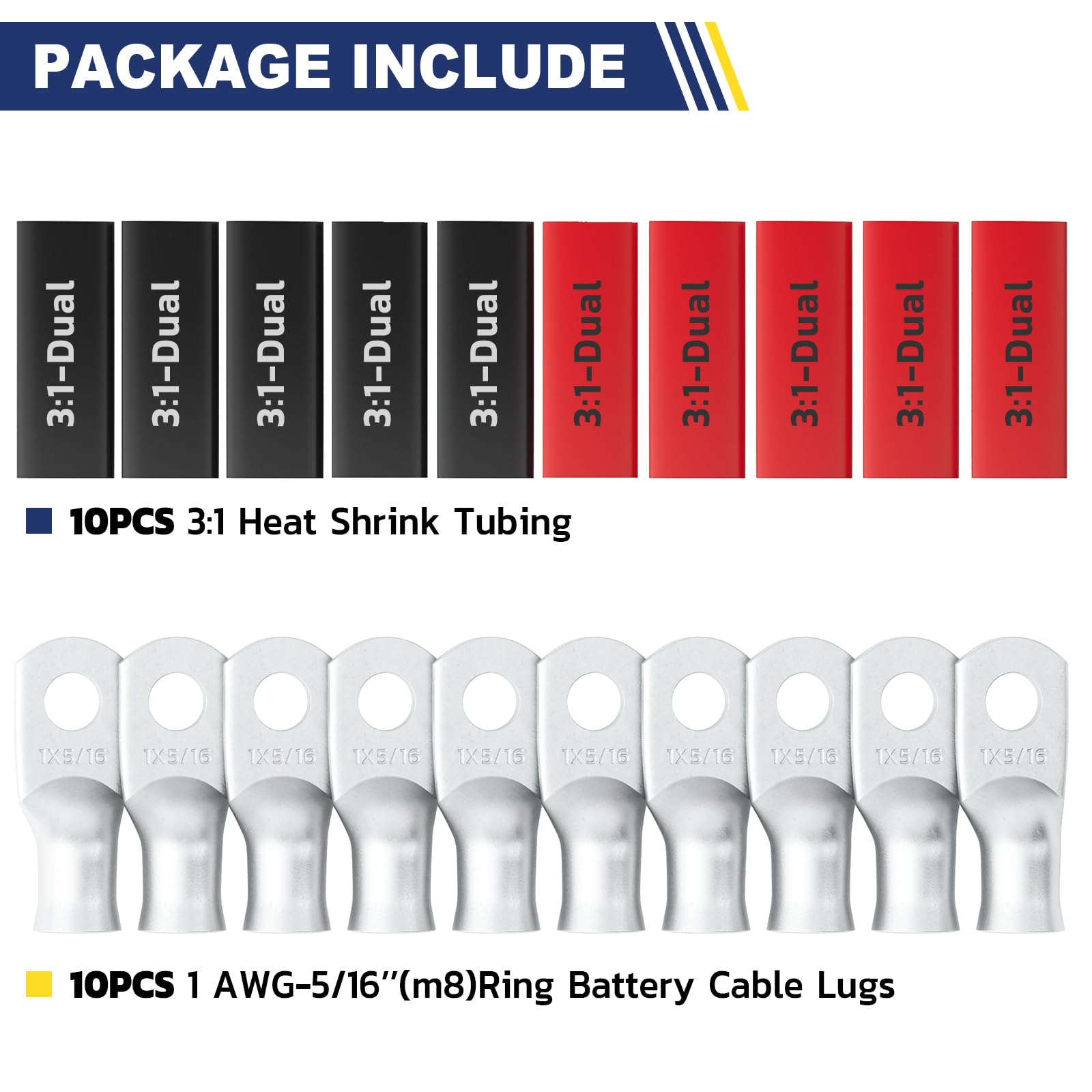 Haisstronica Lot de 10 cosses de batterie en cuivre étamé 1 AWG - 5/16" (M8), cosses robustes en fil de cuivre avec 10 gaines thermorétractables adhésives 3:1, cosses de fil de calibre 1, extrémités de câble de batterie en cuivre étamé