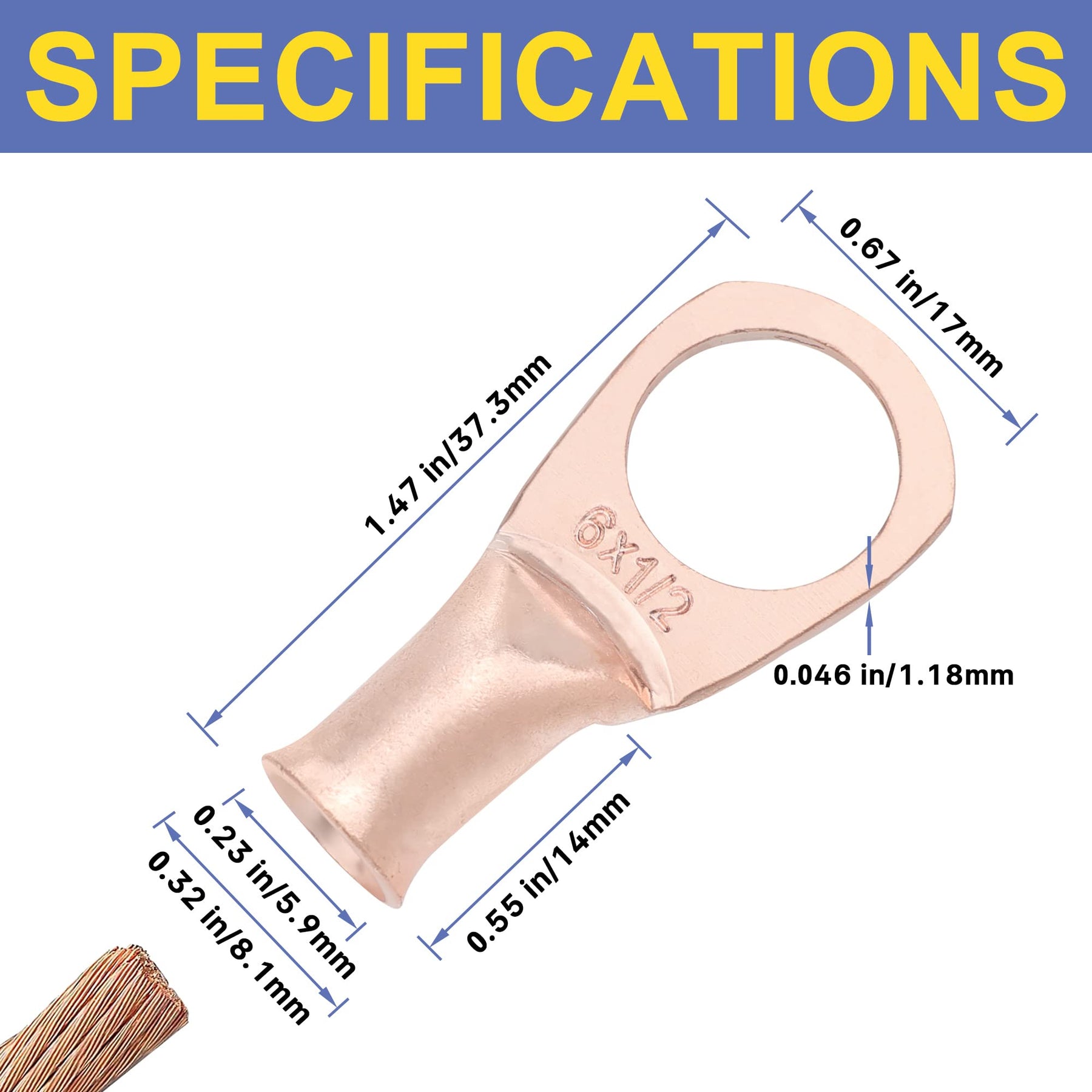 haisstronica 6AWG-1/2 Stud (10pcs) UL Copper Ring Terminals,Heavy Duty Wire Lugs,Battery Cable Ends,Tubular Ring Terminal Connectors,Bare Copper Eyelets