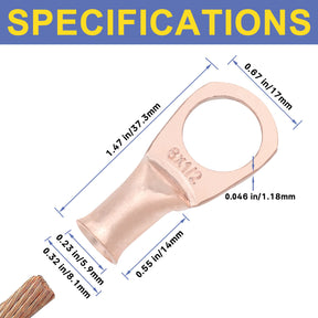 haisstronica 6AWG-1/2 Stud (10pcs) UL Copper Ring Terminals,Heavy Duty Wire Lugs,Battery Cable Ends,Tubular Ring Terminal Connectors,Bare Copper Eyelets