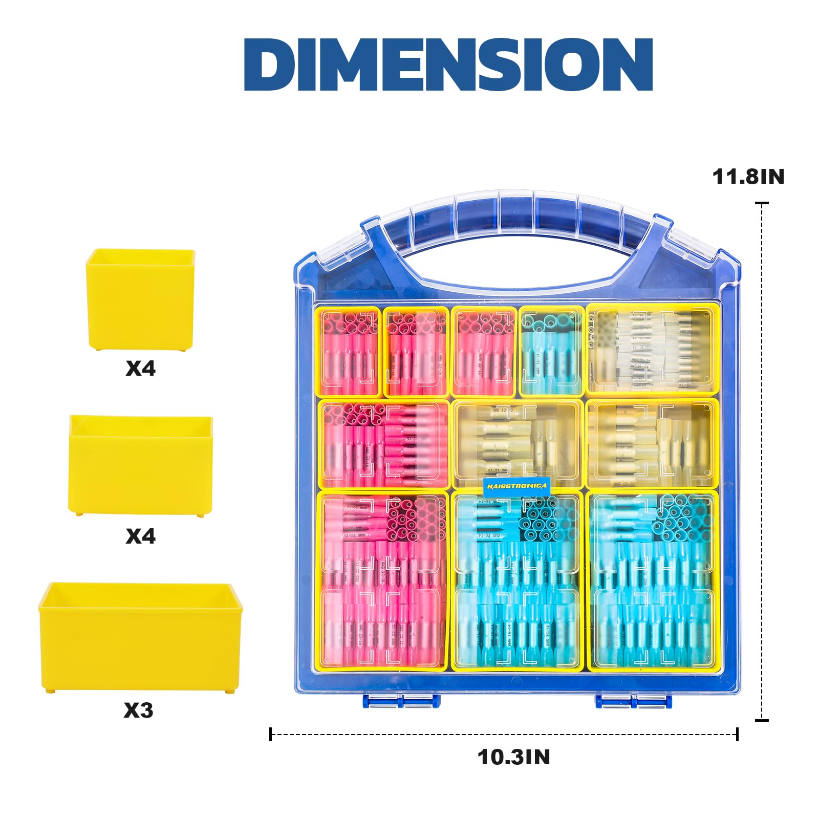 Color coded storage case of insulated wire terminal connectors covering common AWG ranges for automotive and marine use.