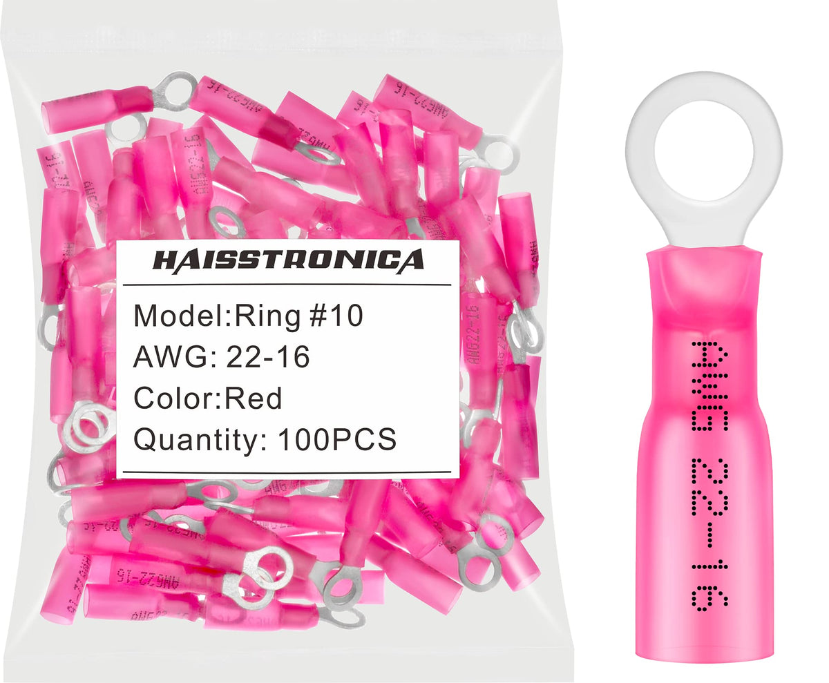 haisstronica 100pcs #10 Red Marine Grade Heat Shrink Ring Connectors,22-16 Gauge Tinned Red Copper 0.7mm Ring Terminals Connectors,Brazed-Seam Insulated Electrical Crimp Wire Terminals