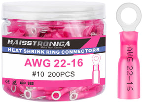 haisstronica 200PCS Heat Shrink Ring Terminals #10 Marine Grade Wire Connectors Red AWG 22-16 Gauge, Tinned Red Copper 0.7mm Resistant Ring Connectors, Brazed-Seam Insulated Electrical Crimp