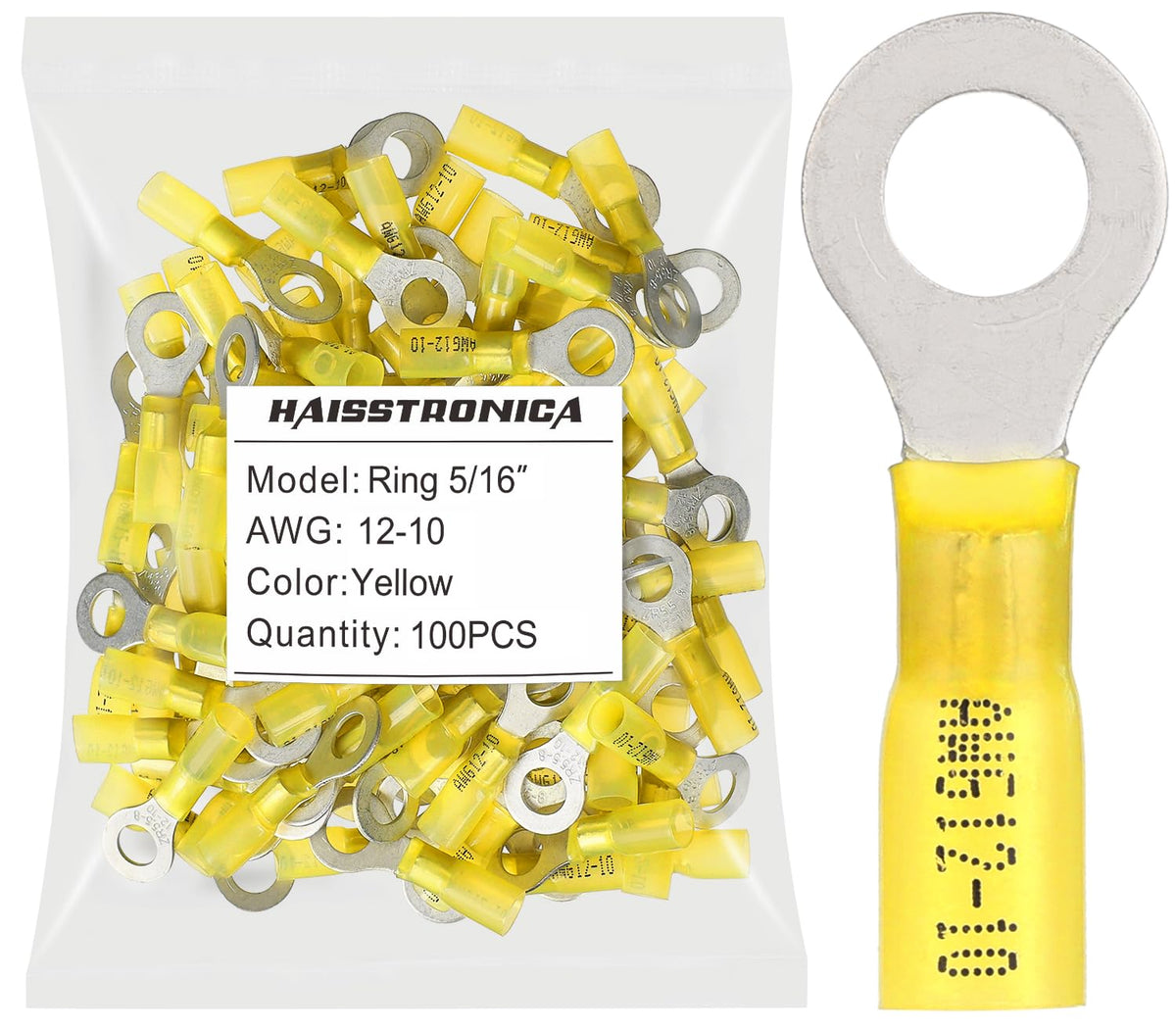 Haisstronica Lot de 100 cosses à anneau thermorétractables jaunes de qualité marine de 5/16", cosses à anneau de 1 mm en cuivre rouge étamé de calibre 12-10, cosses à sertir isolées et brasées