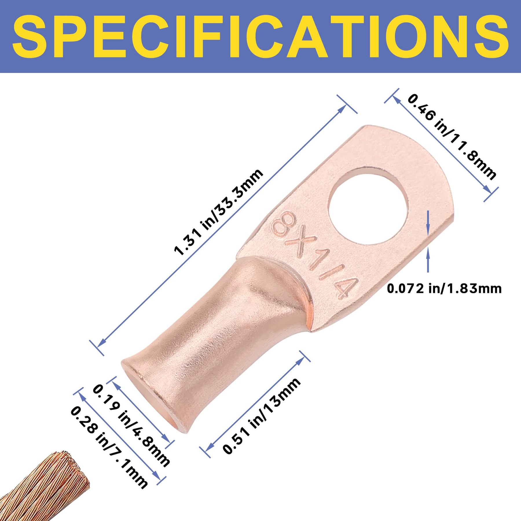 haisstronica 8AWG-1/4 Stud (10pcs) UL Copper Ring Terminals,Heavy Duty Wire Lugs,Battery Cable Ends,Tubular Ring Terminal Connectors,Bare Copper Eyelets