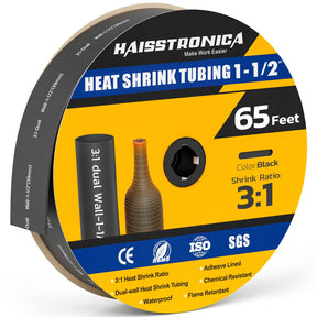 Gaine thermorétractable Haisstronica 3:1, rapport de rétraction 3/4, gaine thermorétractable de qualité marine, doublée d'adhésif, pour la maison, l'automobile et l'industrie (noire), 65 pieds (1-1/2 pouce).
