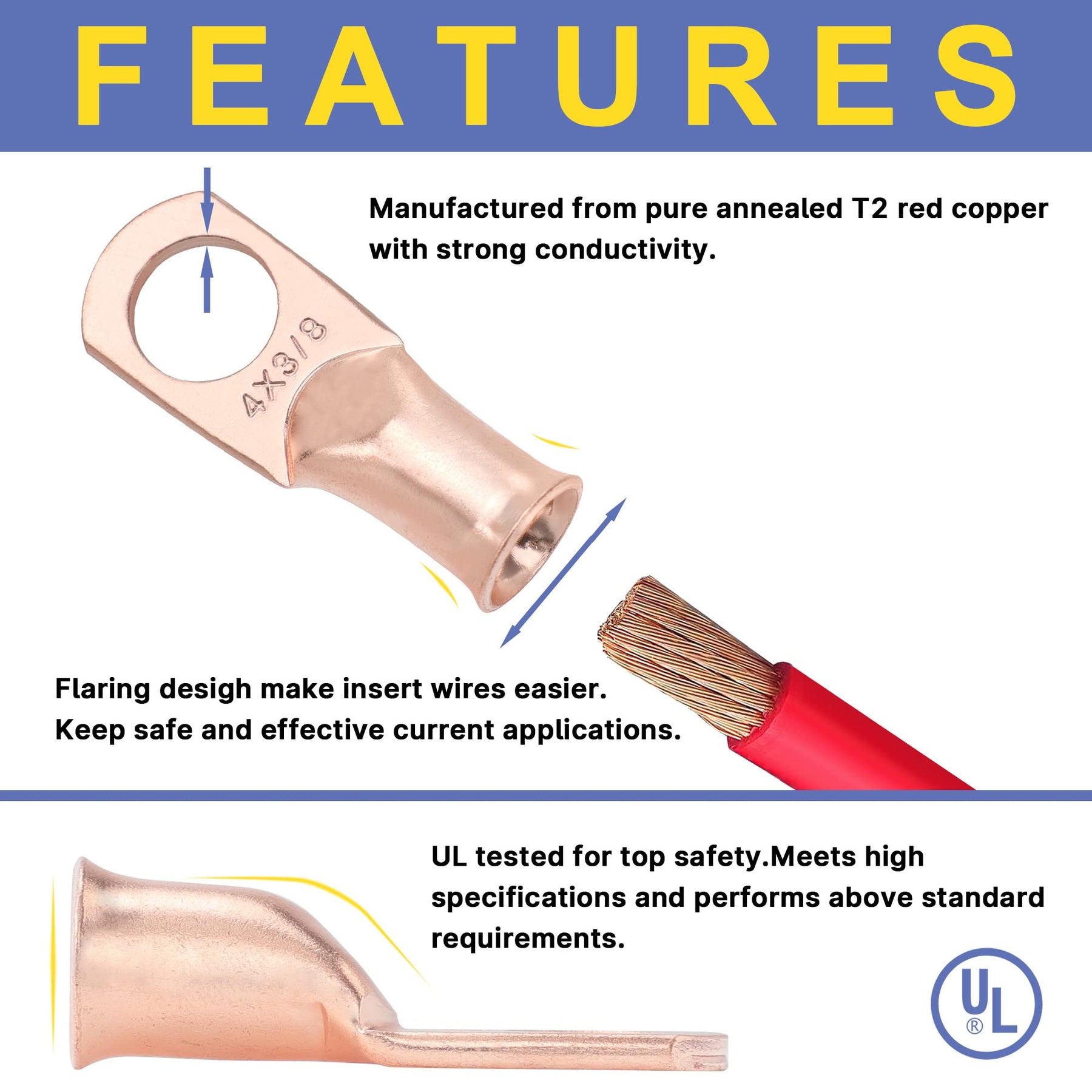 haisstronica 2AWG-1/4 Stud (10pcs) UL Copper Ring Terminals,Heavy Duty Wire Lugs,Battery Cable Ends,Tubular Ring Terminal Connectors,Bare Copper Eyelets