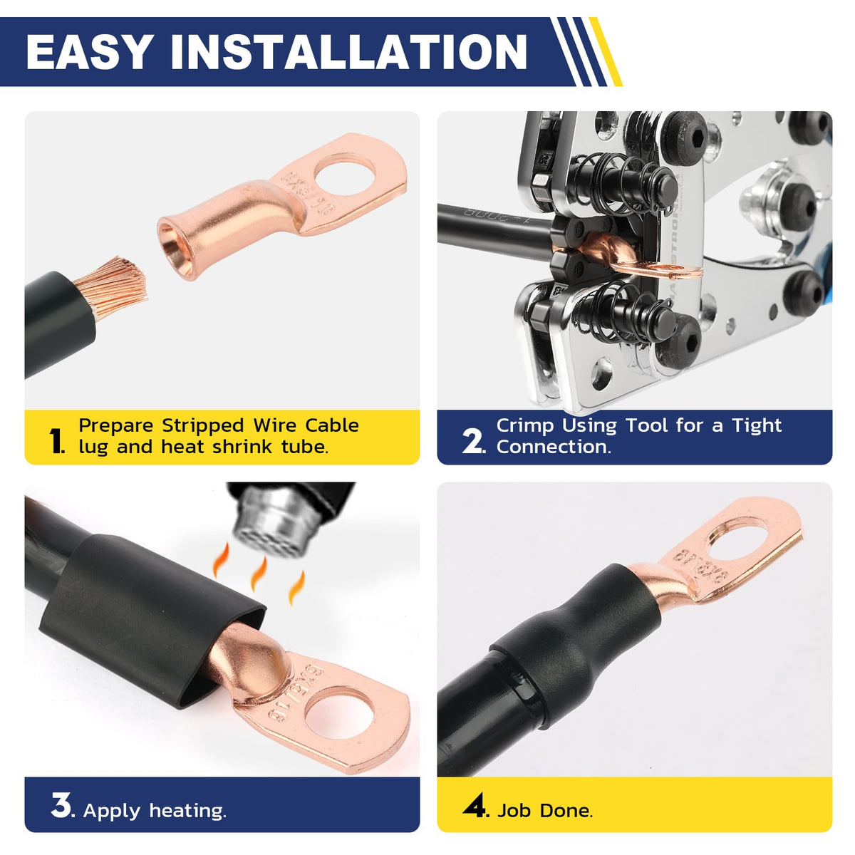 Haisstronica 76PCS Copper Wire Lugs with Heat Shrink Tube 3:1 Kit(AWG 6 4 2 1),Heavy Duty Battery Cable End,Bare Copper Crimp Connectors,Eyelets Tubular Ring Terminals