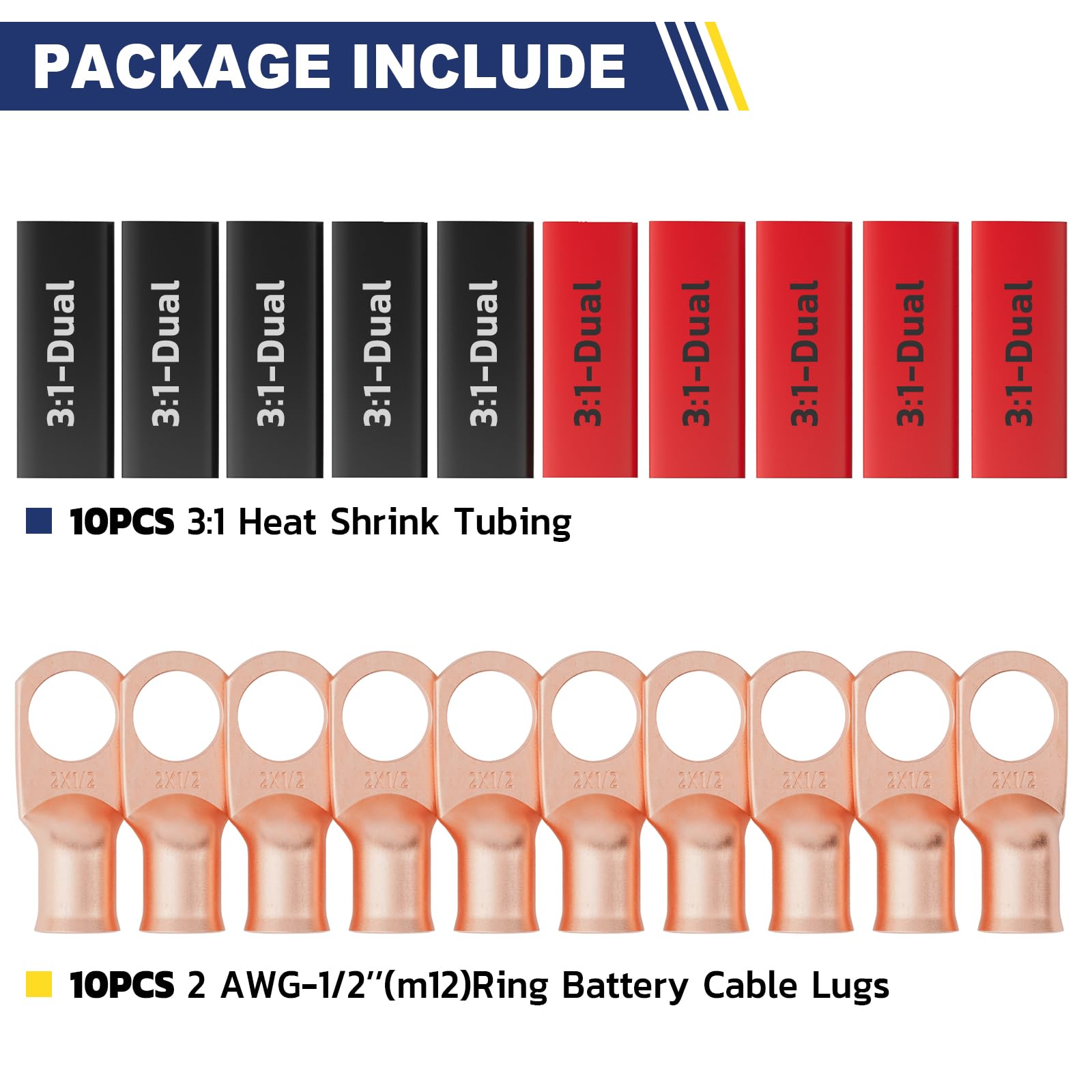 haisstronica 10pcs 2 AWG - 1/2" (M12) Battery Cable Lugs, Heavy Duty Copper Wire Lugs with 10pcs 3:1 Adhesive Heat Shrink Tubing, 2 Gauge Wire Connectors Battery Terminal Connector, Battery Cable Ends