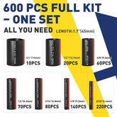 Assorted sizes of heat shrink tubing tape in a full kit, including 600 pieces for professional and DIY electrical work.