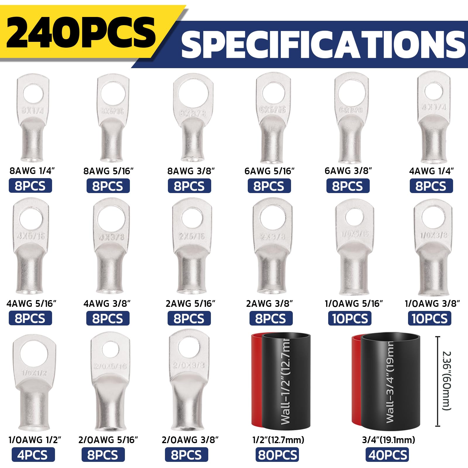 Haisstronica Lot de 10 cosses de câble de batterie 1/4" (M6) AWG, cosses en fil de cuivre robustes avec 10 gaines thermorétractables adhésives 3:1, cosses de fil de calibre 1/4, connecteur de borne de batterie, embouts de câble de batterie