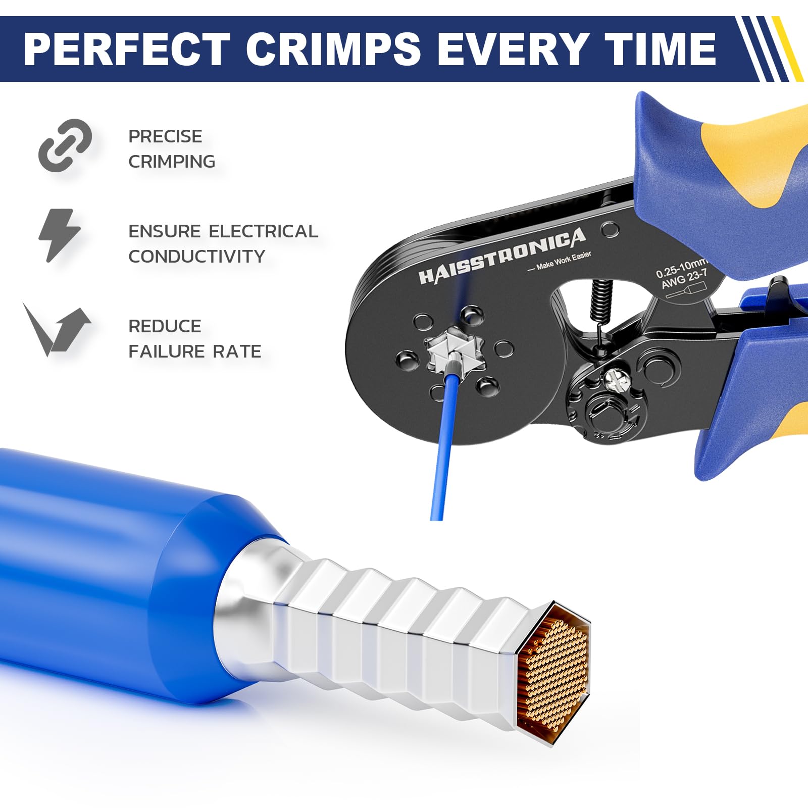 haisstronica Wire Ferrule Crimping Tool, AWG 23-10 Self-adjusting Hexagonal Crimper, Ratchat Ferrule Terminals Plier for Wire Terminals Cables End-sleeves