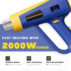 haisstronica Heat Gun with Intelligent Digital Display 2000W -Discover Hot Air Gun (140℉-1202℉) with Dual Modes-Reliable Heat Protection with 5 Nozzles for Soldering,Shrink Tubing,Wrap